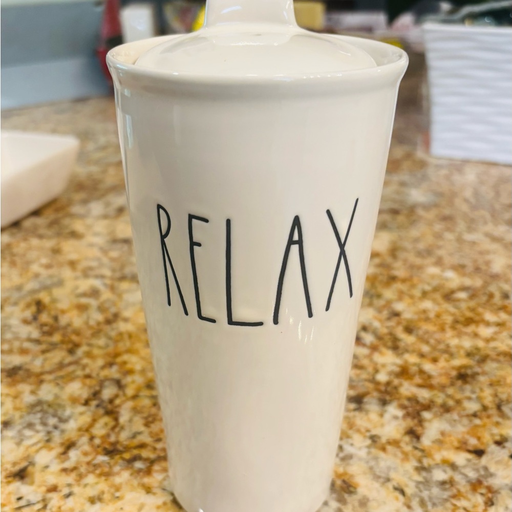 Rae Dunn Artisan Collection White Ceramic Tumbler with removable lid “Relax”